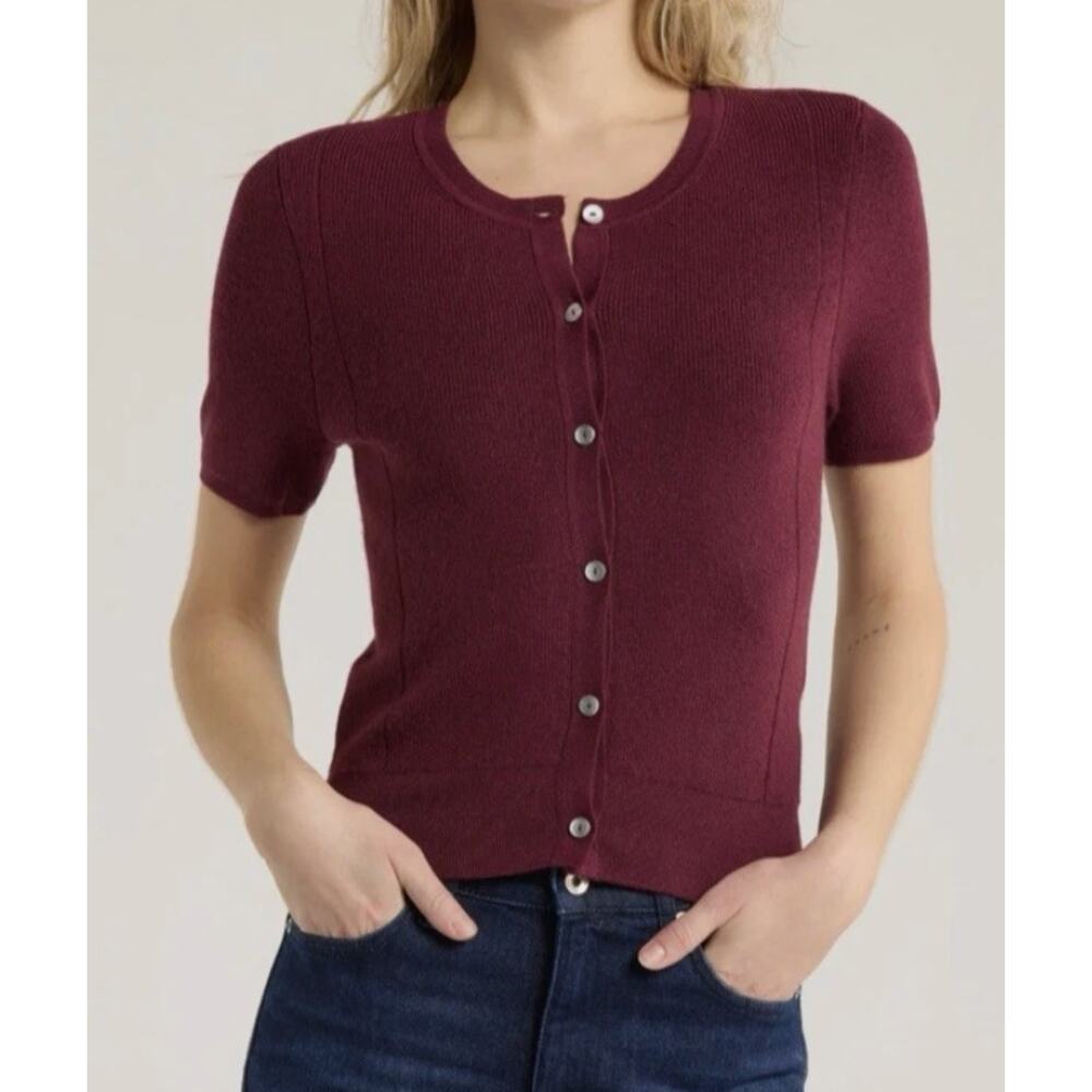 RAG & BONE Michal Short Sleeve Crop Cardigan in Burgundy Size Medium
